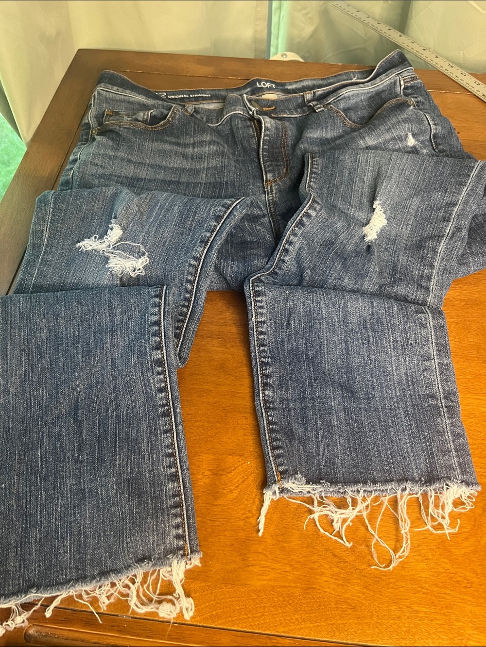 LOFT Original Straight Distressed Dark Blue Cropped Jeans with Frayed Hem